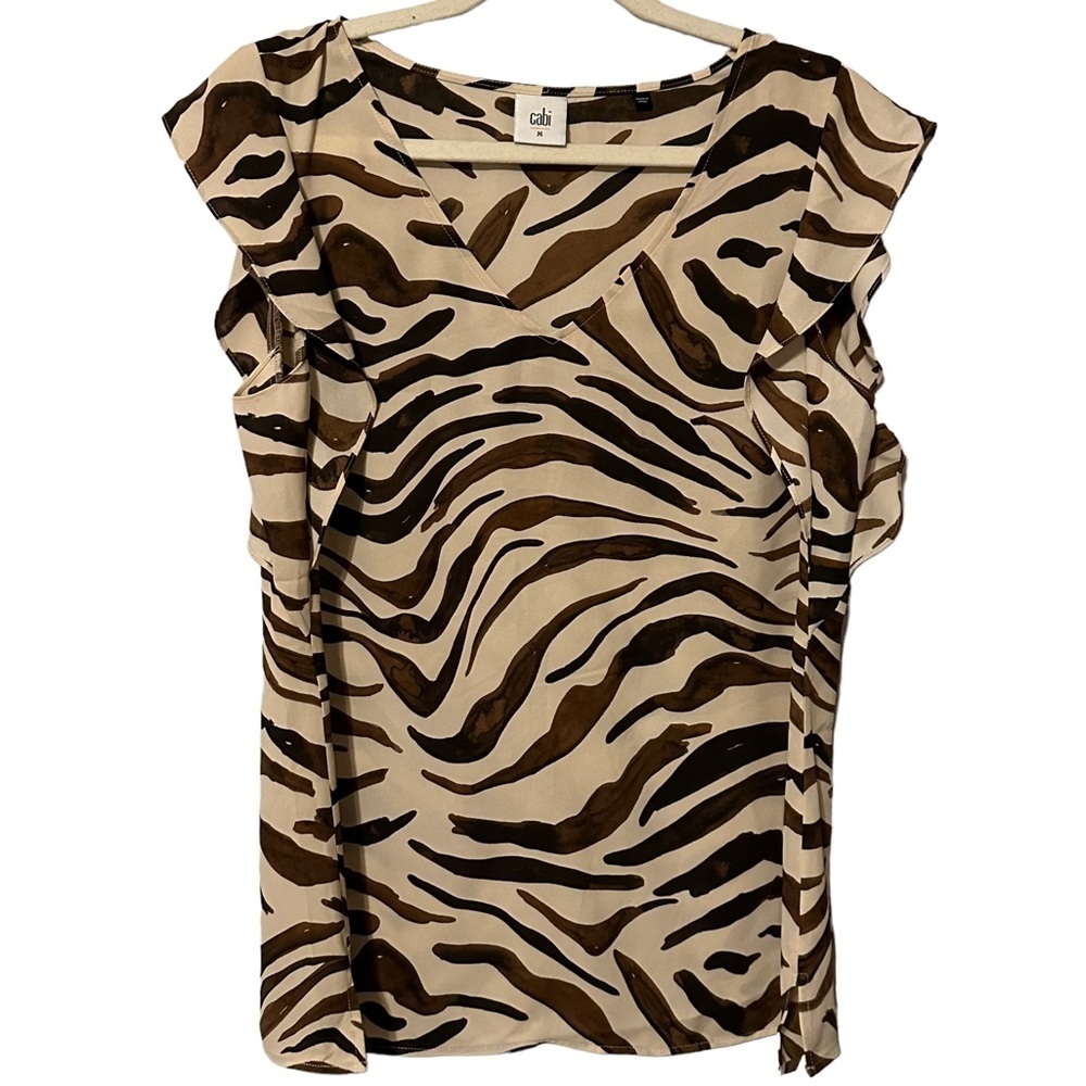 Cabi Simone Brown Cream Zebra Print Flutter Sleev… - image 2